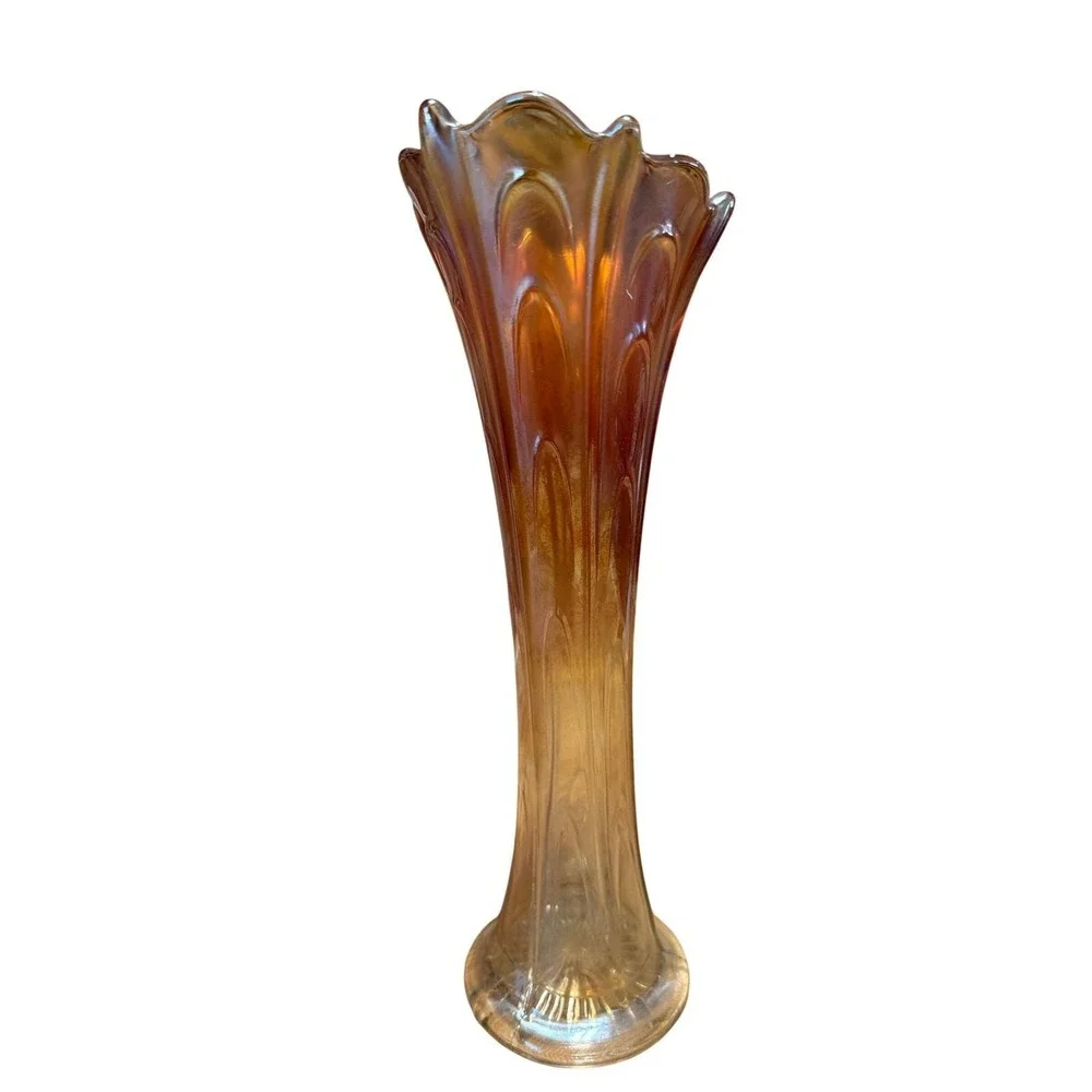 Vintage Amber Carnival Glass Trumpet Vase Iridescent Tall Floral